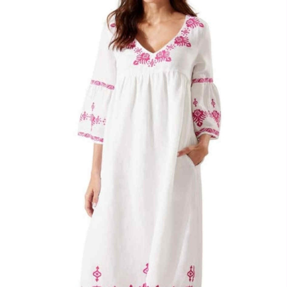 Tommy Bahama White Dress with Pink Embroidery